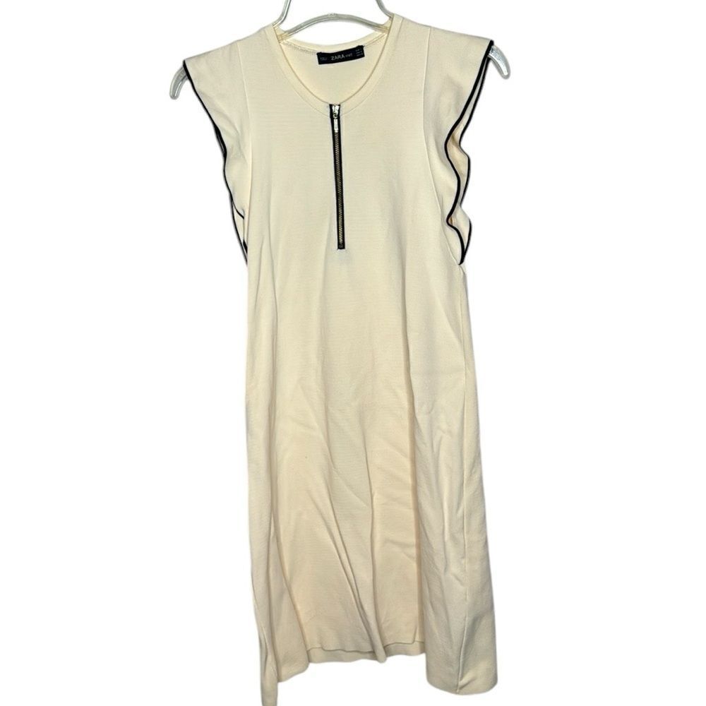 Zara Knit Zip Front Cream/Black Midi‎ Dress. Size Small.